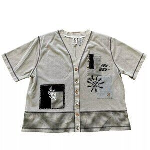 Gingham Patchwork Short Sleeve Button Front Shirt Beige Vintage K by Koret 90s